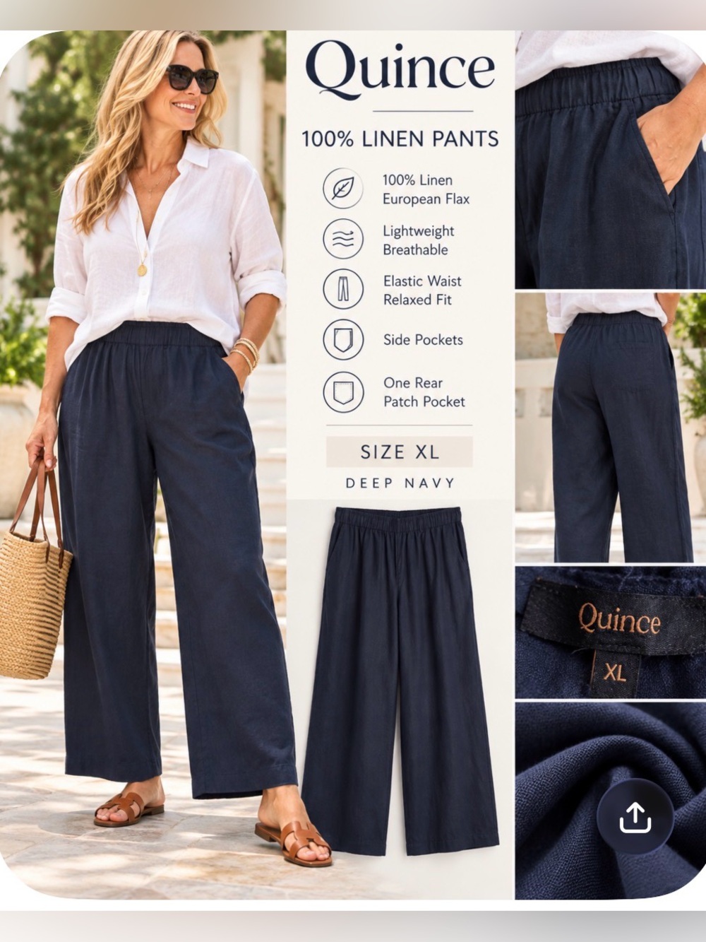 Quince 100% European Linen Pants Deep
Navy XL Elastic Waist Pockets